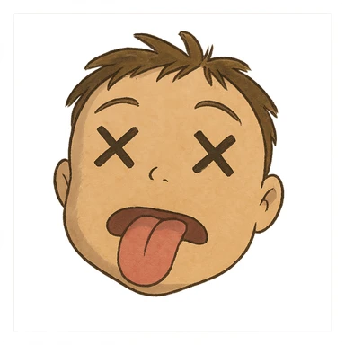 ghibli style dead face with cross eyes and tongue out sticker