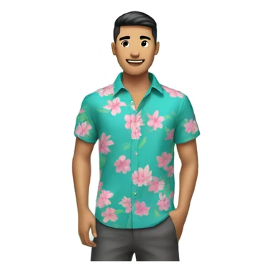 Teal hawaian shirt with pink flowers, Asian young man sticker
