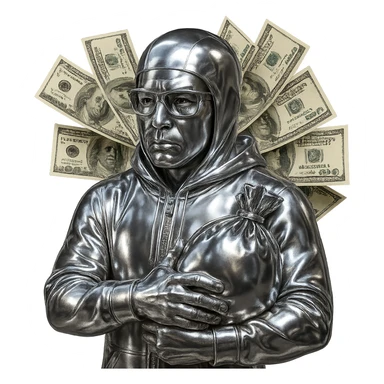 Change the character to have light brown (lightskin) skin and facial features. Dress him in a chrome hoodie and add chrome glasses. Have him holding a chrome money bag in his left arm, with realistic photorealistic US dollar bills falling out behind his head. Keep the background transparent and the bills photorealistic. sticker