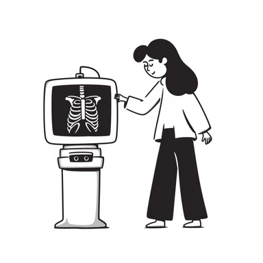 A woman having an x-ray of her lungs with the image of the x-ray displayed sticker