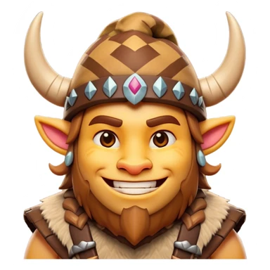 Cinematic Playful Barbarian Portrait Emoji, Head tilted with a cheeky grin and lively eyes, featuring a compact, stylized build in patchwork furs and a whimsical horned cap, Simplified yet irresistibly charming features, highly detailed, glowing with a warm, inviting glow, high shine, energetic and endearing, stylized with a touch of whimsical medieval mischief, soft glowing outline, capturing the essence of a playful barbarian that exudes friendly bravery! sticker