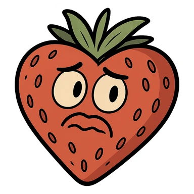 heart-shaped strawberry, cartoon style, bright red, green leaves, simple shading sticker