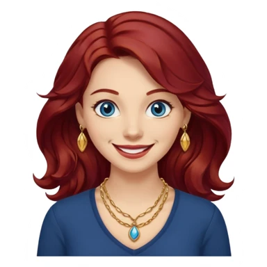 Create a custom emoji-style character inspired by a smiling woman with medium length, wavy dark red hair, light skin tone, and dark blue eyes. Emphasize a mischievous expression with a bright smile. sticker