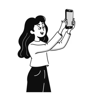 Young woman with long brown hair, casual style, taking a selfie, social media influencer sticker