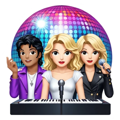 Pop music icon: vibrant stage with bright lights, microphone, synthesizer, disco ball. Collage of famous pop artists—Michael Jackson, Madonna, Britney Spears, and Taylor Swift—symbolizing iconic eras. Energetic and dynamic. Transparent background. sticker