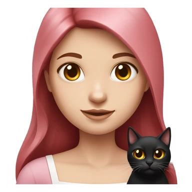 Long Dark Red hair, white skin wearing pink dress girl who is holding a black cat sticker