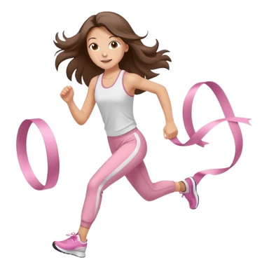white happy brunette teen long hair with hazel eyes in light pink workout clothes jogging and breaking a ribbon race finish line sticker