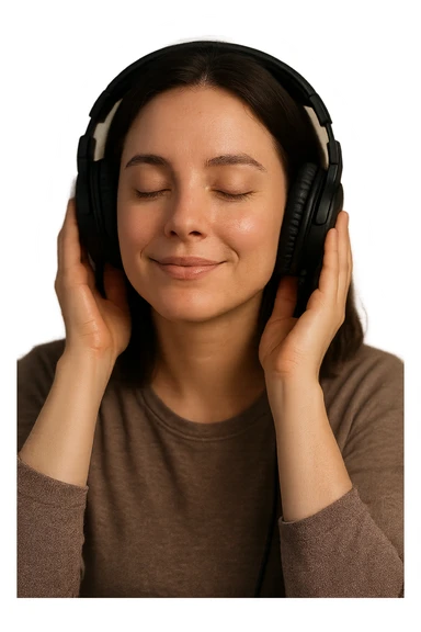 realistic person enjoying ASMR, wearing headphones, soft lighting, relaxed expression, high definition, smooth edges sticker