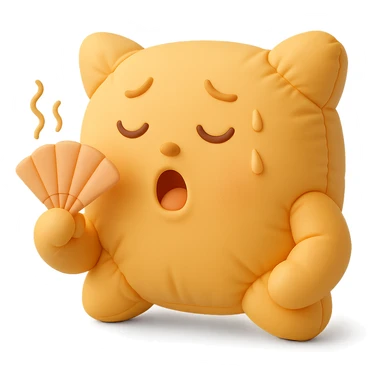 plush cushion face fanning itself, hot weather, stylized and cute, cushion style sticker