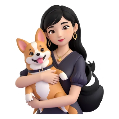 expressive emoji of an Asian girl with long black hair with wispy deep side-parted bangs, false lashes, a 3/4th sleeve tattoo on her left arm, wearing a black sleeveless leather dress with gold earrings, hugging a cool tri-color Corgi, simple emoji-like, 3D emoji style sticker