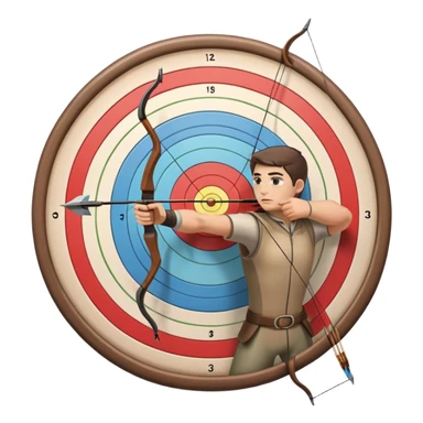 An archer drawing a bow and aiming an arrow at a target, with perfect focus and precision. The target is visible in the background, featuring concentric rings. The scene captures the concentration and skill involved in archery, emphasizing the elegance and accuracy of the sport. sticker