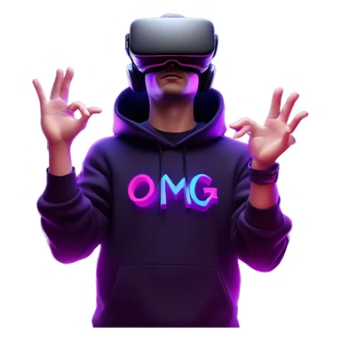 Russian man wearing a black hoodie with "OMG" letters on it and VR headset oculus quest 2 in a cyberpunk VR environment with violet neon lighting. Showing direction with hand sticker