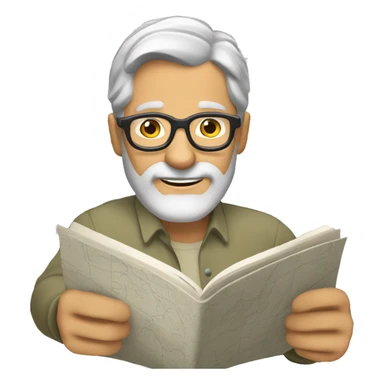 Mature man with tanned skin gray hair and beard and glasses and reading a map sticker