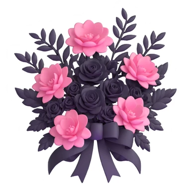 minimal 3D gothic bouquet with ribbon, pink and black flowers, simple and dark sticker