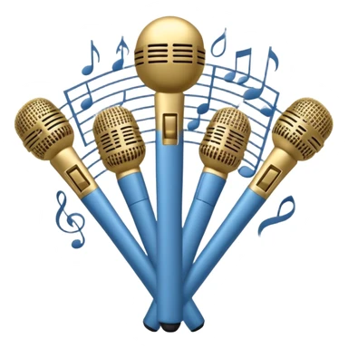 Create a harmonious and elegant emoji that represents choral singing. The design should feature multiple microphones arranged in a semi-circle, symbolizing a choir. Add musical notes flowing around to represent the harmony and unity of the voices. Include subtle elements like sheet music or a conductor's baton to reflect the organized aspect of choral performance. Use colors like gold, silver, and soft blue to evoke a sense of togetherness, professionalism, and grace. The background should be transparent. sticker