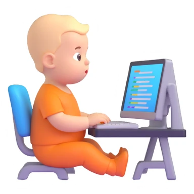 a baby sitting in front of a computer monitor, typing, surrounded by colorful code snippets sticker