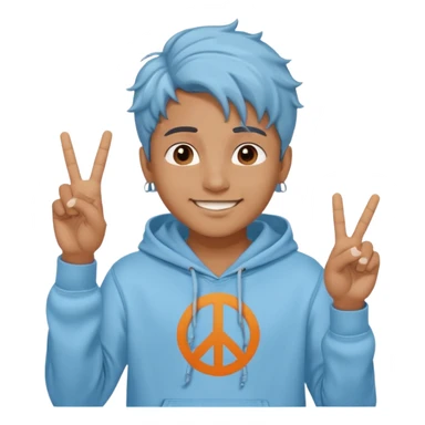 An indian boy in a light blue hoodie with wavy flow hairstyle showing peace sign sticker