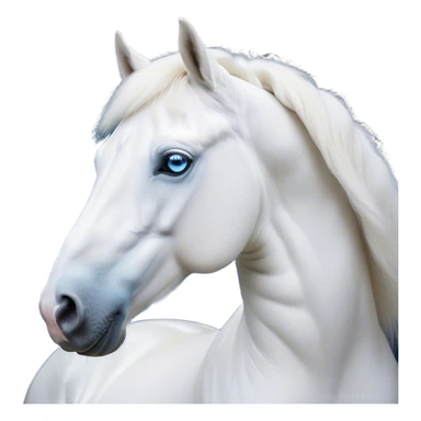 Cinematic Noble White Horse Portrait Emoji, Poised and regal, with a strong, athletic build and a pristine, well-groomed pure white fur, deep-set soulful blue eyes, Simplified yet sharp and sophisticated features, highly detailed, glowing with a soft, dignified glow, high shine, intelligent and majestic, stylized with an air of ethereal grace, focused and attentive, soft glowing outline, capturing the essence of a watchful and confident steed, so majestic it feels as though it could gallop out of the screen with effortless authority! sticker