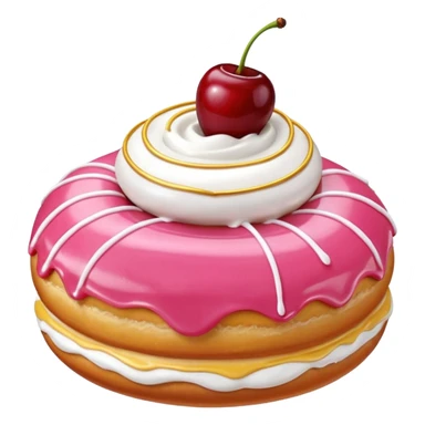Round donut with smooth shade pink icing and thin white drizzle lines, golden-brown dough visible on the sides.
White whipped cream dollop in the center topped with a glossy red cherry and stem, clean studio lighting, pure white background, realistic minimal emoji-style. sticker