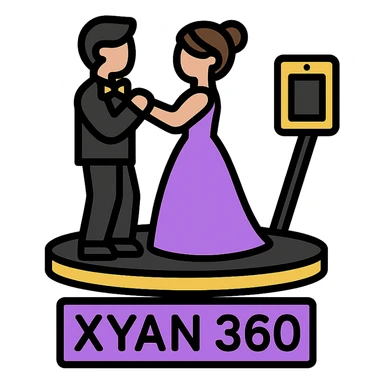 small simple icon of a bride and groom dancing on a 360 spin booth with an iPad as the camera for the booth, 'Xyan 360' signage, purple gold and black accents, luxury wedding event style sticker