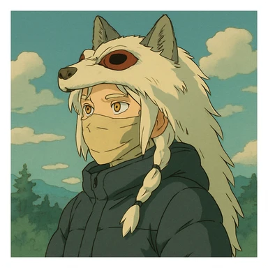1 female, gold yellow eyes, white hair with a single long braid, wolf headdress, rag face covering, dark colored puffer parka, gazing into the distance sticker