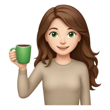 Long, Brown haired girl with middle hair part, with green eyes, smiling, waving with one hand, coffee mug in the other sticker