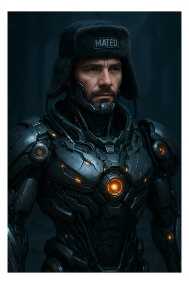 Mateo in a mech suit with a shapka hat on top, blending human and machine features, futuristic and creative sticker