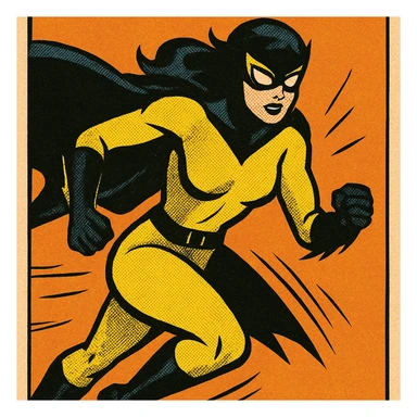 superheroine costume, yellow and black color scheme, dynamic pose, sleek and modern design, mask and cape, bold and confident, comic book style sticker