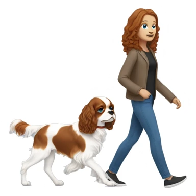 A white woman with blue eyes walks with a cavalier King Charles spaniel sticker