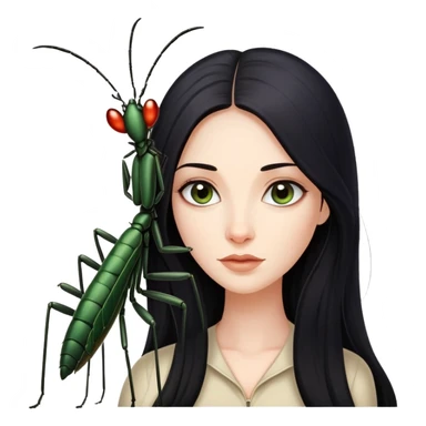 beautiful pale woman with long black hair next to one stick bug sticker