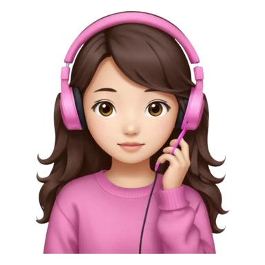 a asian japanese girl with wavy long silky brown hair and no bangs. the right side of hair is set on her shoulder she has a cute pink gaming headphones. she is wearing a cute pink sweater  sticker