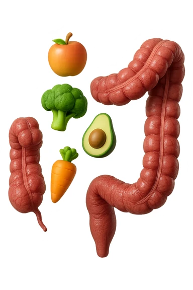 emoji stile iphone in 3d di cibo sano che fluttua in aria vericalmente insieme a pezzi di colon umano anatomico, iperrealistico 4k sticker