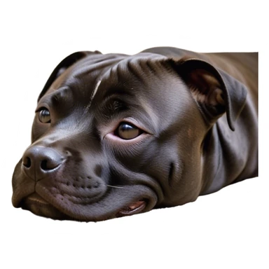 Meme-Worthy Cute Sleeping Black/Brindle Staffordshire Bull Terrier Portrait Emoji, Head resting peacefully with a contented smile, showcasing a delightfully compact build and a luxuriously soft Fur with an attractive black and brindle blend, eyes shut in a serene nap, Simplified yet hilariously adorable features, highly detailed, glowing with a soft, drowsy light, high shine, relaxed and utterly lovable, stylized with an air of playful laziness, bright and heartwarming, soft glowing outline, capturing the essence of a comically sleepy guardian, so meme-worthy it feels like it could instantly become the next viral sensation of adorable slumber! sticker