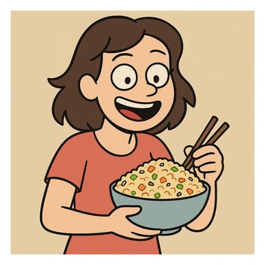 fried rice, cartoon style, smiling face, simple background sticker
