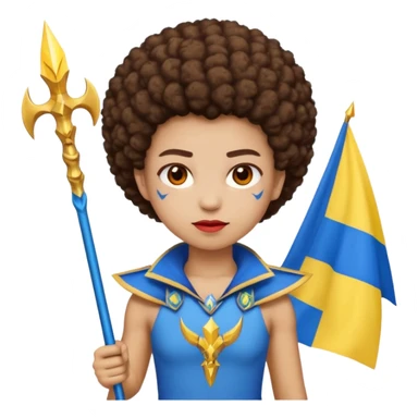 Emoji metisse femboy mais plus masculin avec drapeau ukrainien arriere plan, un afro, sourcils rouge, fourche trident, et eclairs et sur fond bleu clair irrisé. Peau lightskin, yeux marron et cheveux marron bouclés mais en mode afro pixi cut sticker