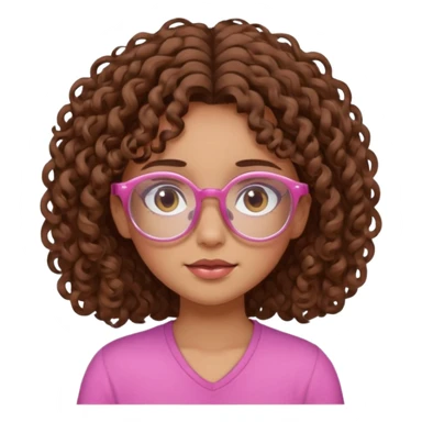 Curly brown haired girl with brown eyes, transparent-pink glasses frames, sleepy, slightly tan skin sticker