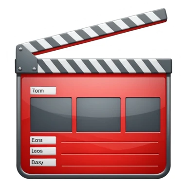 Glossy bright red clapperboard in the classic style of Apple icons: the top bar is tilted up-left, the body and bar with a deep glossy glare, dark gray edging, black background inside, perfectly square with rounded corners. sticker