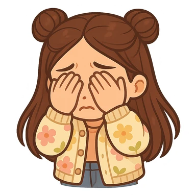 Create a chibi sticker of the girl from the reference image. She has brown straight hair styled in double buns, brown eyes, wearing a pastel floral cardigan and jeans. She is covering her eyes in fear. The sticker should have a white outline and a transparent background, sized 512x512px. sticker