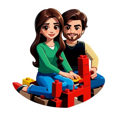 A handsome young man with dark hair, a little heavy sits with his girlfriend with cascading, dark brown hair, flowing down her face as they sit together playing Legos sticker