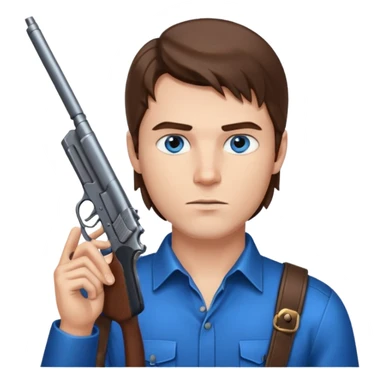 guy w medium long brown hair and blue eyes with gun pointed up at his chin sticker