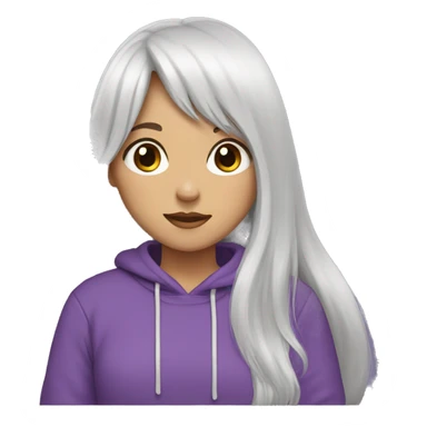 a girl with long white hair with bangs, brown eyes, wearing a purple sweatshirt sticker