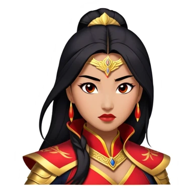 Cinematic Stunning Mulan Portrait Emoji, Fierce yet graceful, flowing raven-black hair, piercing brown eyes filled with determination, adorned in regal red and gold warrior attire, glowing with the strength and beauty of a true heroine, an elegant warrior in her prime! sticker