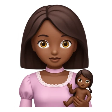 Boneca digital em estilo 3D realista e fofo, semelhante a uma boneca colecionável. Mulher jovem com pele negra, olhos castanhos escuros, cabelo liso cor chocolate, longo e bem alinhado.  sticker
