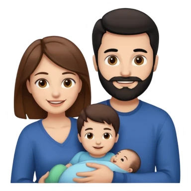 Una mujer con pelo castaño y ojos marrones y un hombre con pelo negro y barba y un bebe sticker