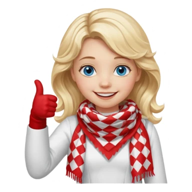 Blonde Girl Model, Blue Eyes, wavy hair, smiling, thumbs up, wearing red Checkered Triangle scarf, white dress sticker