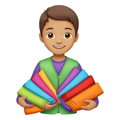 child folding colorful clothes, smiling, organized sticker