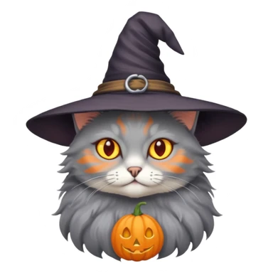 Grey cat with orange eyes with witch hat sticker