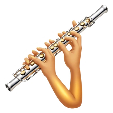 Cinematic Realistic Flute, polished silver metal with precise keywork, warm golden reflections dancing along its surface, soft hands carefully positioned over the keys, glowing with an elegant and airy charm. sticker