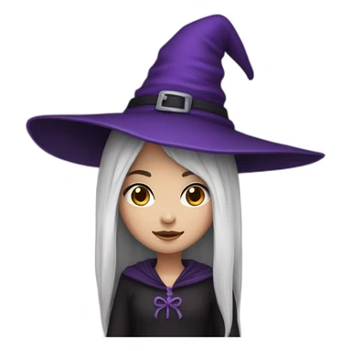 a young white brown thin girl with straight black hair dressed as a witch with purple hat sticker