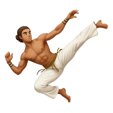 A capoeira fighter in mid-air performing a spinning kick, wearing traditional white capoeira pants and a cord, vibrant and flowing pose, surrounded by motion swirls sticker